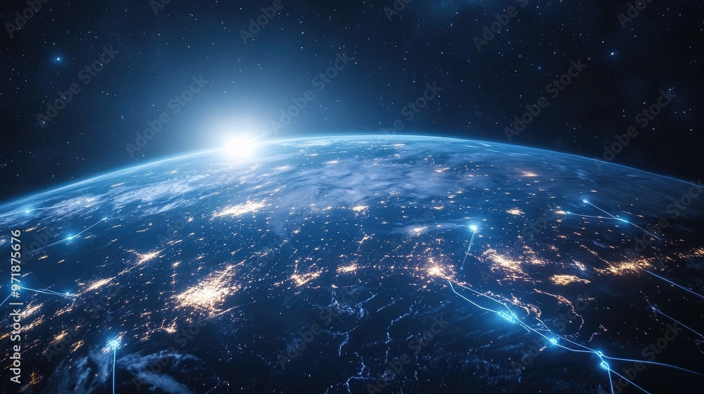 Obraz premium A stunning view of Earth from space, showcasing glowing lights and global network connection.