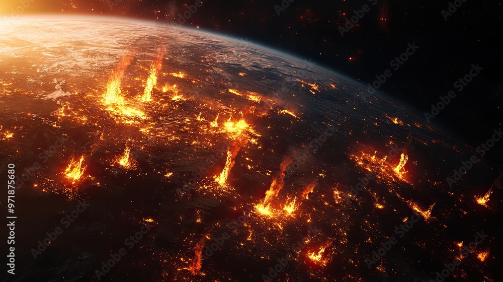 A dramatic view of Earth from space, showcasing glowing volcanic eruptions and city lights scattered across the darkened surface. A dramatic view of Earth from space, showcasing glowing volcanic eruptions and city lights scattered across the darkened surface.