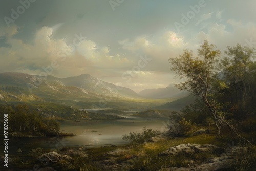 A classic landscape painting in the style of the Hudson River School, showcasing the grandeur of nature and the sublime beauty of the wilderness
