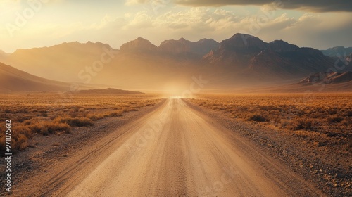 A dusty dirt road stretches into the distance through a wide desert plain.