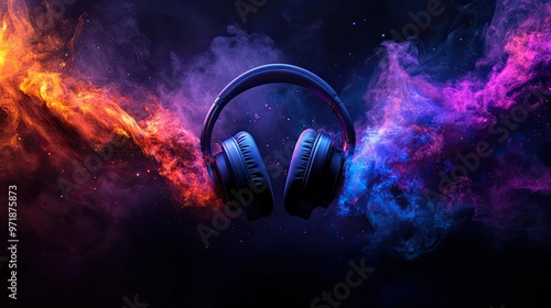 A dynamic image of headphones surrounded by vibrant orange, purple, and blue sound waves. photo