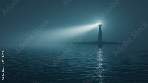 A solitary lighthouse emits a bright beam of light through dense fog over calm waters.