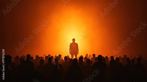 A solitary person stands illuminated against an orange light while a crowd watches in darkness.