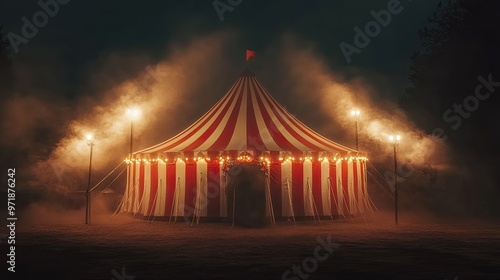 A red and white circus tent stands illuminated by dim lights in a foggy, eerie night.