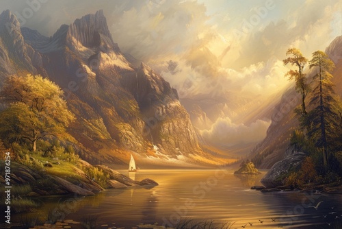 A classic landscape painting in the style of the Hudson River School, showcasing the grandeur of nature and the sublime beauty of the wilderness