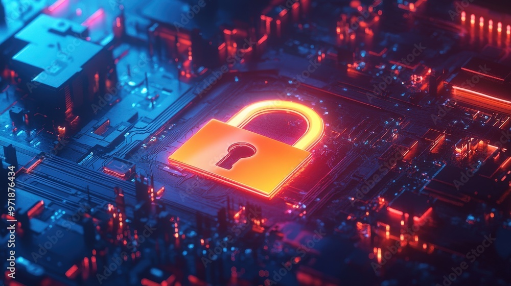 Futuristic Digital Security Concept with Glowing Lock Symbol - Ensuring Robust Data Protection in High-Tech Environment Futuristic Digital Security Concept with Glowing Lock Symbol - Ensuring Robust Data Protection in High-Tech Environment