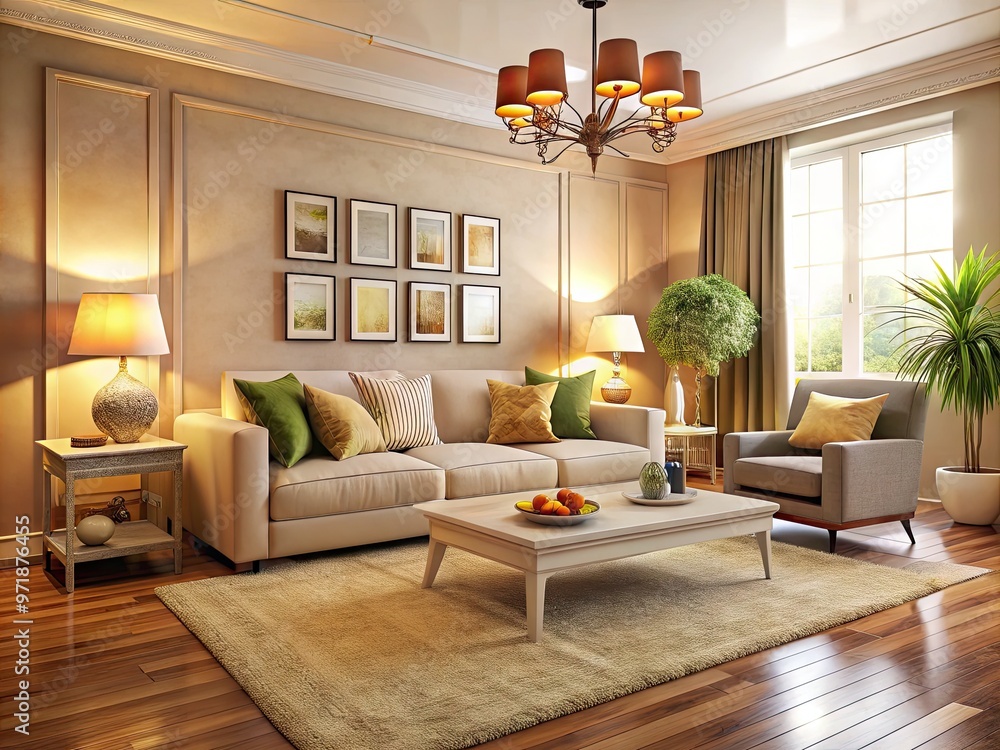 Fototapeta premium Cozy modern living room with cream walls, plush furniture, and vibrant decorative accents, set against a soft gradient background with subtle texture and depth.
