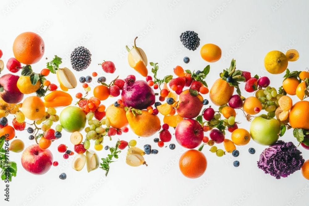 Different fresh fruits and vegetables in air on white background , ai Different fresh fruits and vegetables in air on white background , ai