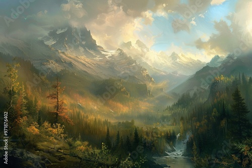 A classic landscape painting in the style of the Hudson River School, showcasing the grandeur of nature and the sublime beauty of the wilderness