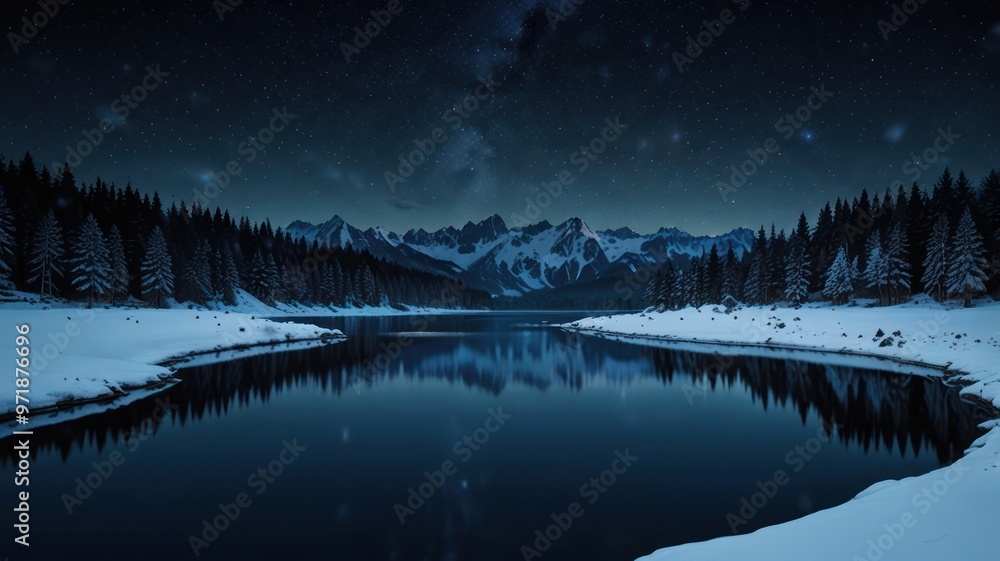 realistic landscape illustration of a lake, mountains, and a beautiful sky realistic landscape illustration of a lake, mountains, and a beautiful sky