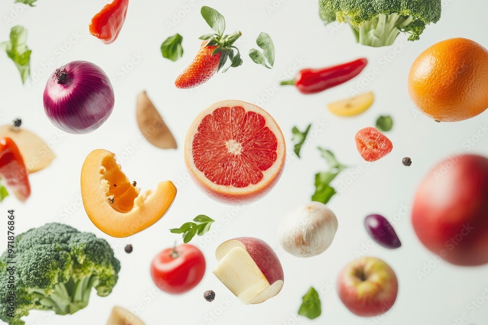 Different fresh fruits and vegetables in air on white background , ai Different fresh fruits and vegetables in air on white background , ai
