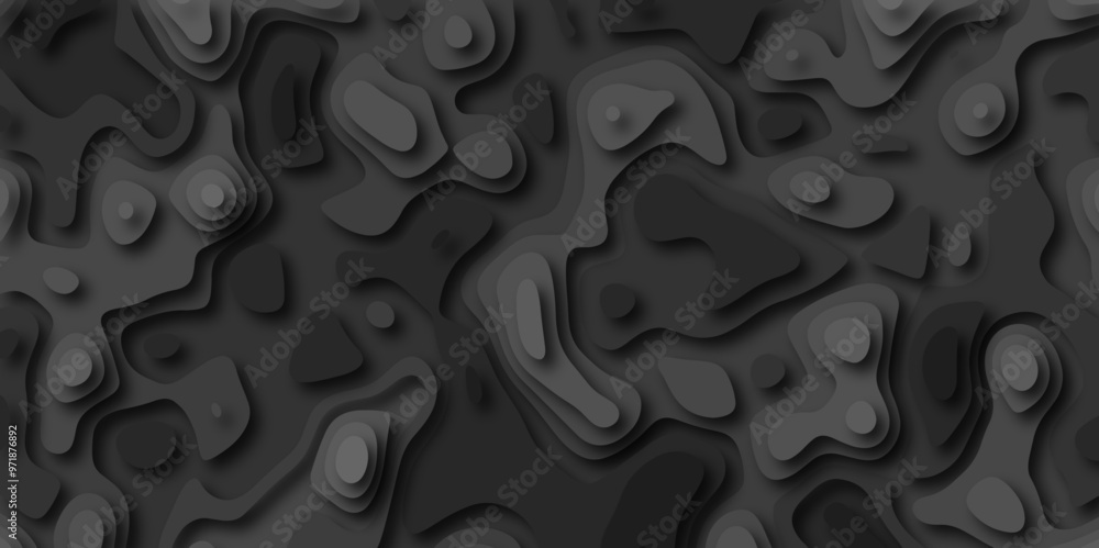 3D Stylized Gray Topographic Contour Scheme and Terrain. Geographic mountain terrain. Contour map background. 3D Cartographic Weave with seamless striped patterns and wavy Shapes. 3D Stylized Gray Topographic Contour Scheme and Terrain. Geographic mountain terrain. Contour map background. 3D Cartographic Weave with seamless striped patterns and wavy Shapes.