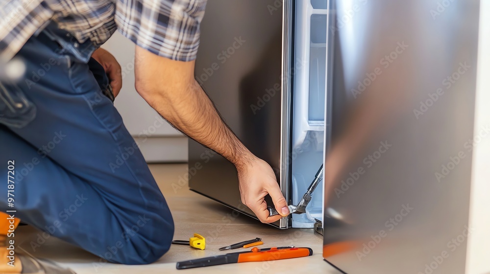 A man in a plaid shirt and jeans fixes a refrigerator door. A man in a plaid shirt and jeans fixes a refrigerator door.