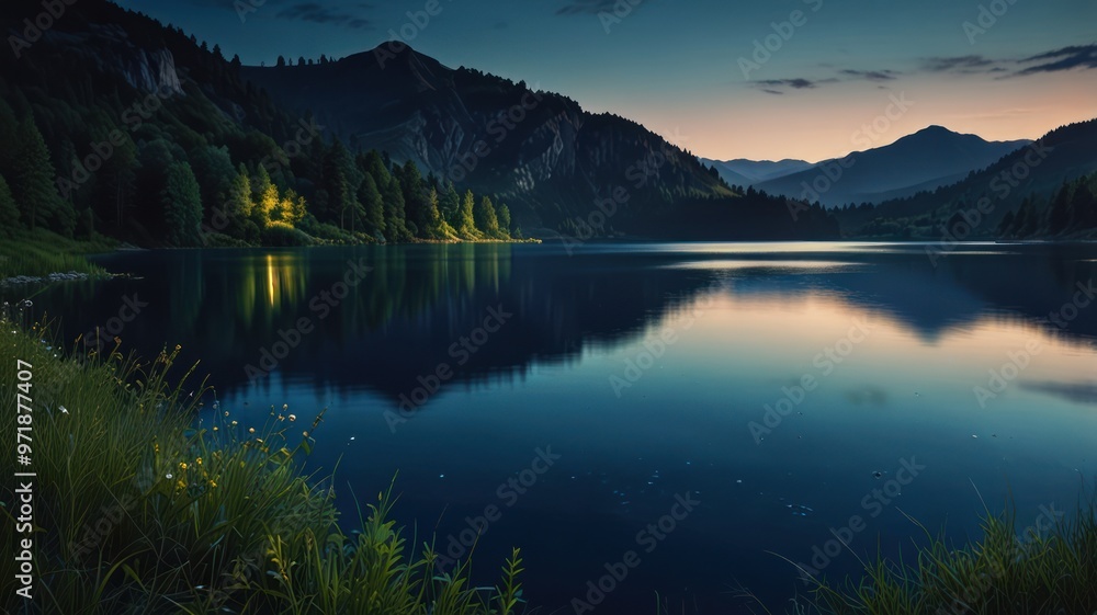 realistic landscape illustration of a lake, mountains, and a beautiful sky realistic landscape illustration of a lake, mountains, and a beautiful sky