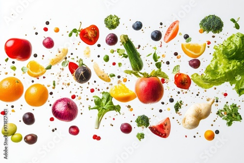 Different fresh fruits and vegetables in air on white background , ai