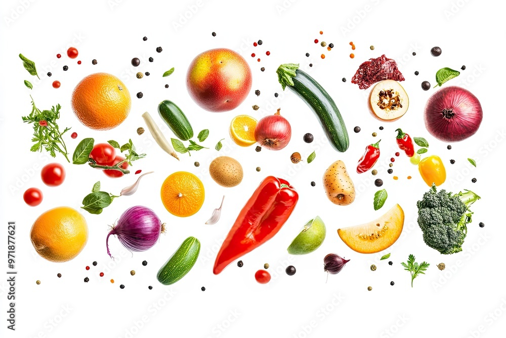 Different fresh fruits and vegetables in air on white background , ai Different fresh fruits and vegetables in air on white background , ai