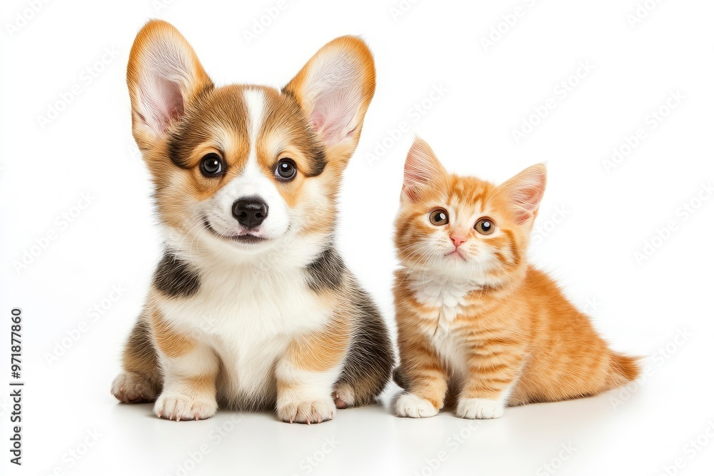 Cute Welsh corgi puppy and a red kitten sit together on a white background. isolated on a white background, ai Cute Welsh corgi puppy and a red kitten sit together on a white background. isolated on a white background, ai