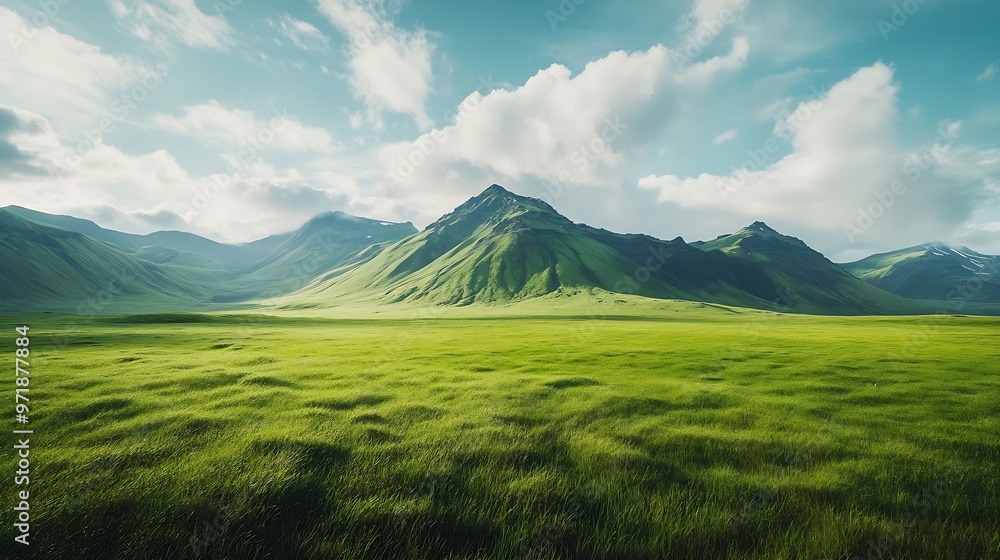 Fototapeta premium Scenic view of green landscape against sky at Iceland : Generative AI