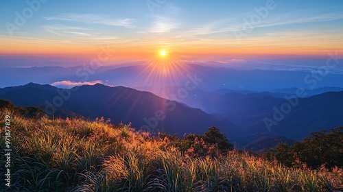 Beautiful Sunrise landscape at  Phramahathat Napaphol Bhumisiri on the top of Inthanon mountain Doi Inthanon National Park Chiang mai Thailand : Generative AI photo