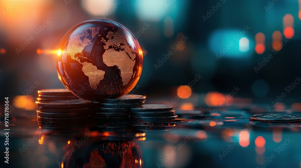Illuminating Global Finance - Glowing Globe on Coins Representing Wealth, Investment, and Economic Growth Illuminating Global Finance - Glowing Globe on Coins Representing Wealth, Investment, and Economic Growth