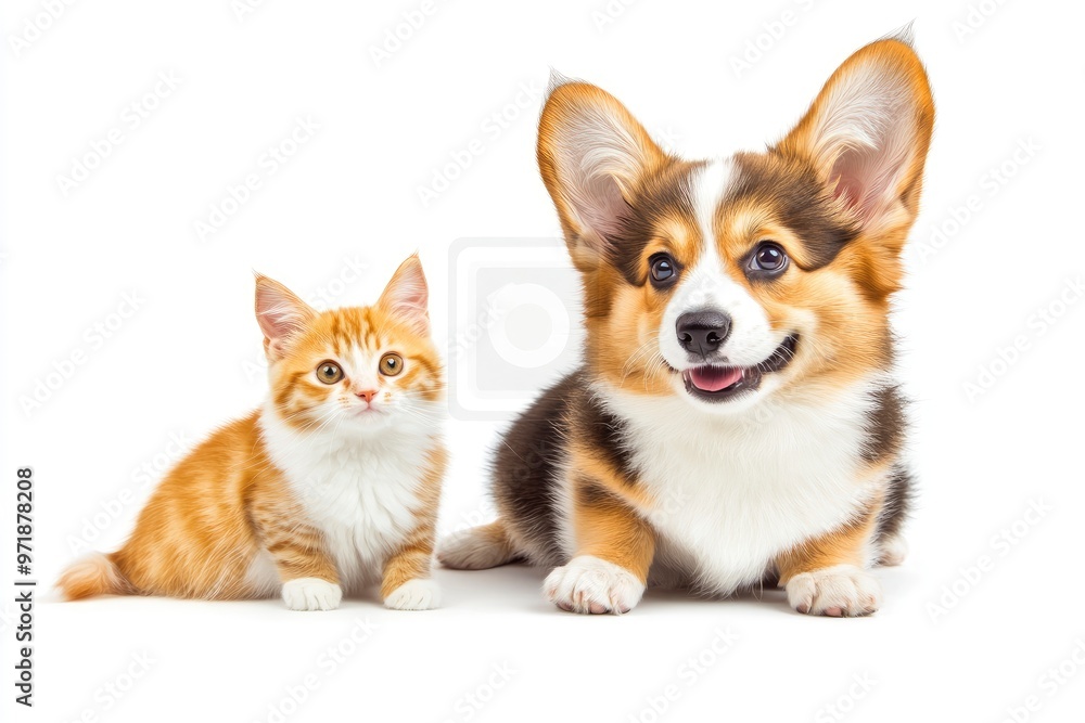 Cute Welsh corgi puppy and a red kitten sit together on a white background. isolated on a white background, ai Cute Welsh corgi puppy and a red kitten sit together on a white background. isolated on a white background, ai