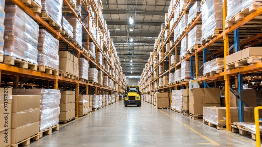 Warehouse Interior With Forklift and Pallets of Cardboard Boxes Warehouse Interior With Forklift and Pallets of Cardboard Boxes