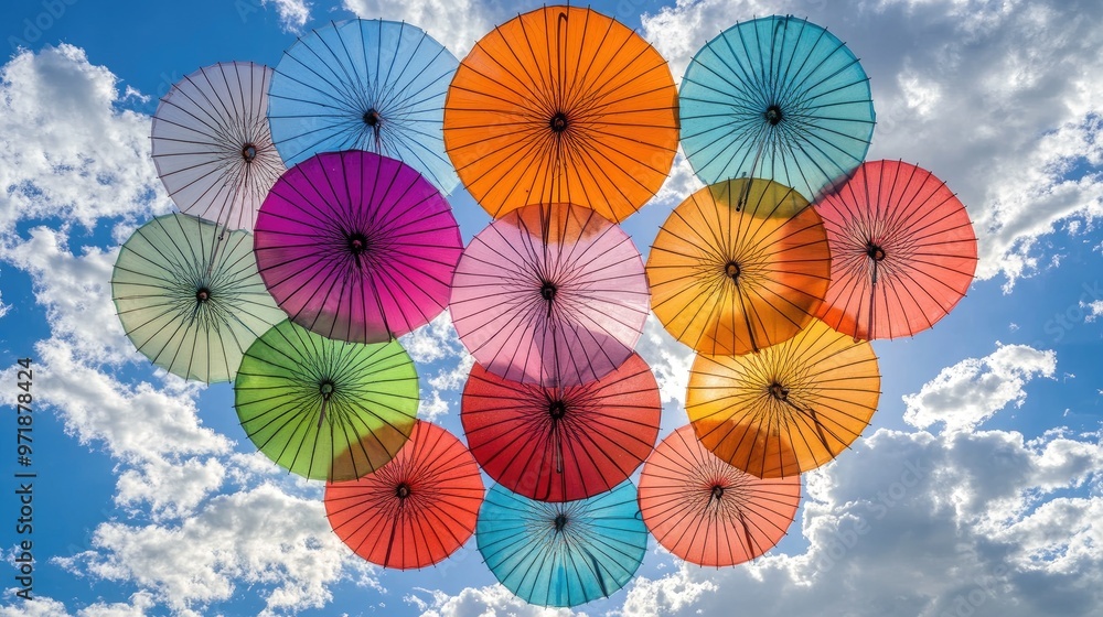 Naklejka premium Artistic pattern of colorful umbrellas floating against a white-cloud background, creating a beautiful and dynamic visual experience