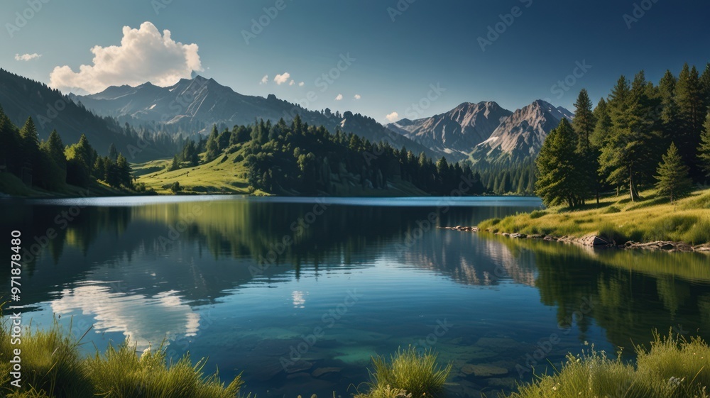 realistic landscape illustration of a lake, mountains, and a beautiful sky realistic landscape illustration of a lake, mountains, and a beautiful sky