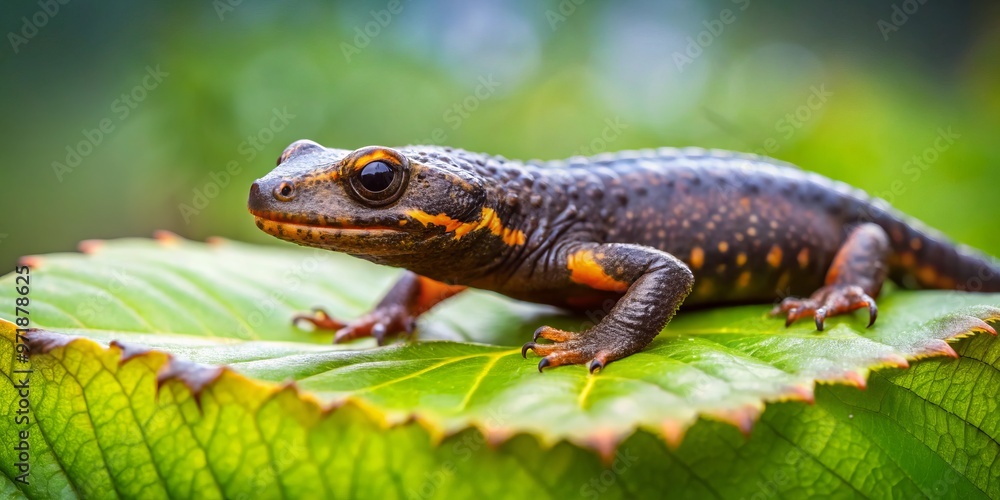 Vibrant leaf veins provide a striking backdrop for the newt's delicate features, as it steadies itself on a Vibrant leaf veins provide a striking backdrop for the newt's delicate features, as it steadies itself on a