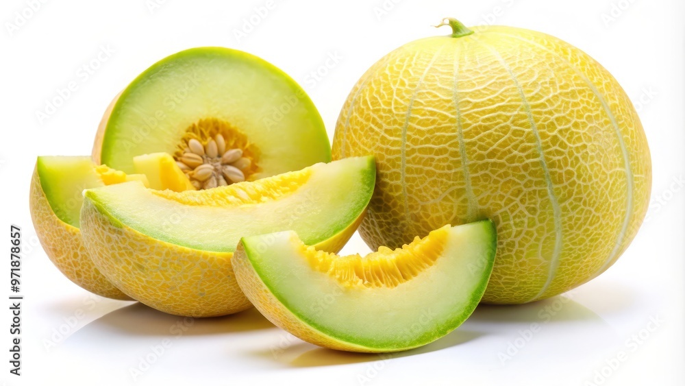 Vibrant lemon drop melon slices display yellow flesh and green rind on a crisp white backdrop, standing out Vibrant lemon drop melon slices display yellow flesh and green rind on a crisp white backdrop, standing out