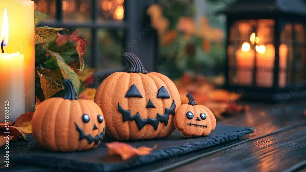 Pumpkin-shaped cookies with evil eyes on a black table. Halloween theme with glowing accents. Pumpkin-shaped cookies with evil eyes on a black table. Halloween theme with glowing accents.