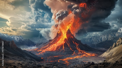 A dramatic volcanic landscape with an active volcano spewing ash and lava, set against a stark and rugged terrain with a dramatic sky overhead.