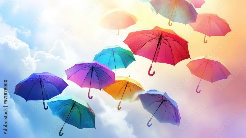 Obraz premium Artistic pattern of colorful umbrellas floating against a white-cloud background, creating a beautiful and dynamic visual experience