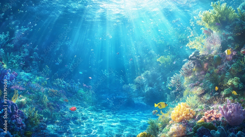Fototapeta premium A dreamy underwater scene with vibrant coral reefs, tropical fish, and sunbeams piercing through the clear blue water for a captivating wallpaper.