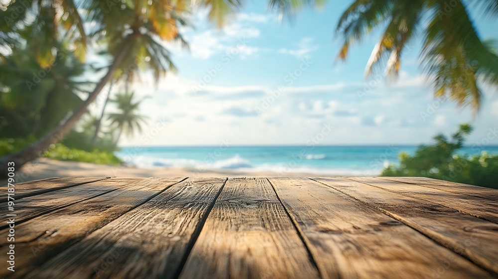 Empty wooden table with blurred beach with coconut trees in the background : Generative AI Empty wooden table with blurred beach with coconut trees in the background : Generative AI