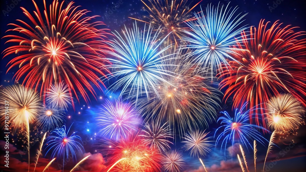 Naklejka premium Vibrant red, white, and blue fireworks erupt against a dark canvas, their delicate patterns unfolding like a
