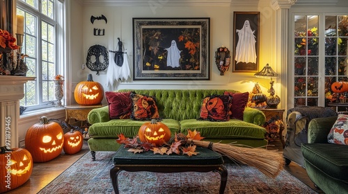 A green sofa and a witch's broom add a touch of Halloween spirit to the living room.