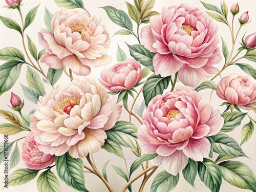 Delicate, hand-painted peony illustration in soft pink hues, adorned with intricate details and gentle foliage, evoking a sense of vintage elegance and refinement.