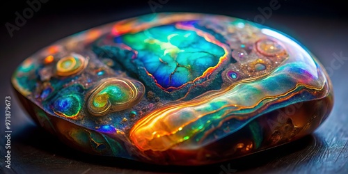 Vibrant, unpolished opal rock showcases intricate patterns and swirling clouds of color, its rough beauty a testament