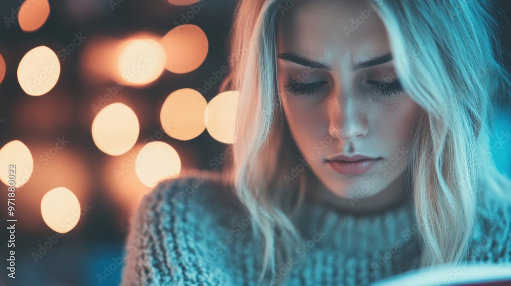 In a softly illuminated room, a sad girl focuses on her studies, surrounded by gentle, glowing lights that create a reflective atmosphere In a softly illuminated room, a sad girl focuses on her studies, surrounded by gentle, glowing lights that create a reflective atmosphere