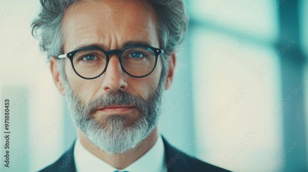 A focused businessman with glasses presents in a contemporary office, contemplating important business strategies during the afternoon A focused businessman with glasses presents in a contemporary office, contemplating important business strategies during the afternoon