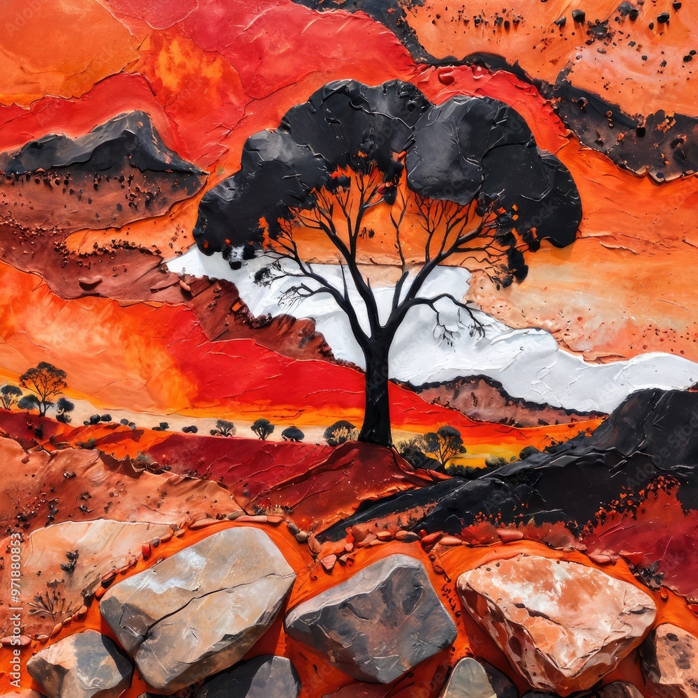 Outback Australia landscape silhouette down under, red sandy desert ...