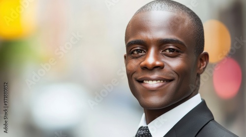 A businessman with a broad smile stands confidently in an energetic cityscape, exuding professionalism and optimism