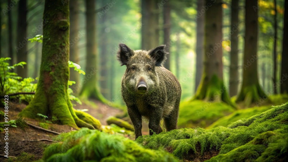Wildlife photographer's delight: a stunning wild boar snout-deep in a forest feast, surrounded by lush foliage and Wildlife photographer's delight: a stunning wild boar snout-deep in a forest feast, surrounded by lush foliage and