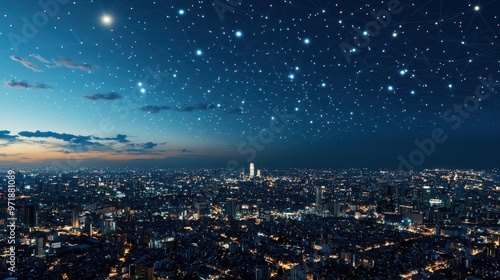 Wallpaper Mural Night Cityscape with Connected Dots and Stars Above Torontodigital.ca