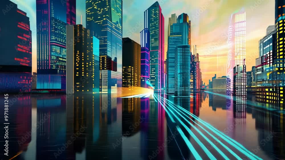 Vibrant city skyline at sunset with colorful light trails and reflections capturing urban energy Vibrant city skyline at sunset with colorful light trails and reflections capturing urban energy