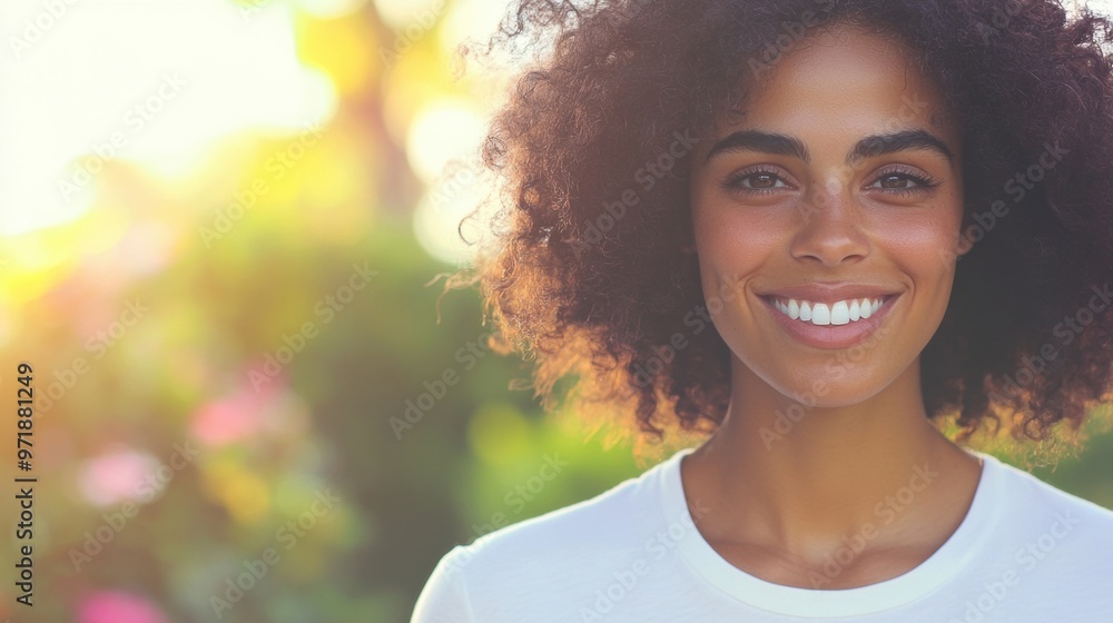 A cheerful woman in a white t-shirt smiles warmly while standing outdoors in a vibrant, sunlit garden filled with flowers A cheerful woman in a white t-shirt smiles warmly while standing outdoors in a vibrant, sunlit garden filled with flowers