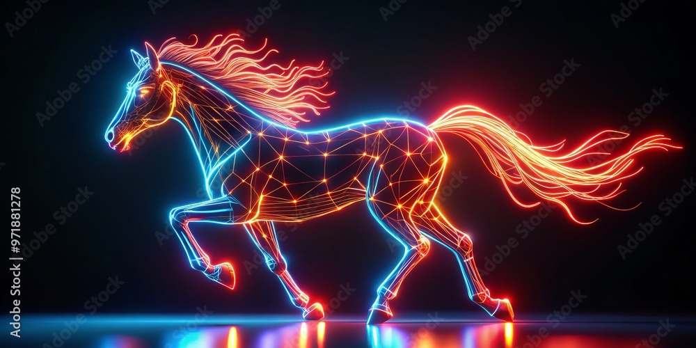With a burst of energy, the neon horse kicks into high gear, its translucent body illuminated by flashing With a burst of energy, the neon horse kicks into high gear, its translucent body illuminated by flashing
