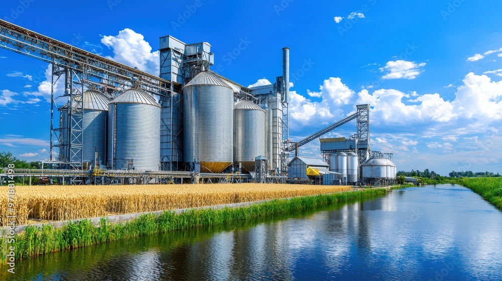 Grain Silo Storage Facility with River and Wheat Field Grain Silo Storage Facility with River and Wheat Field