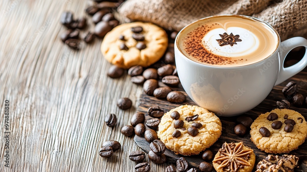 Coffee Latte with Cookies and Coffee Beans on Wooden Background Coffee Latte with Cookies and Coffee Beans on Wooden Background